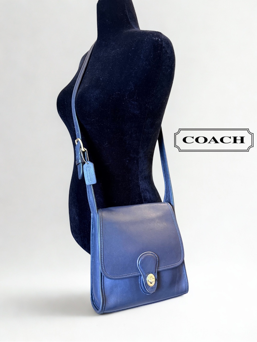 VINTAGE Coach Shelburne Flap 9038 Navy Blue Leather Crossbody + Dust Bag - MINT - Picture 14 of 14